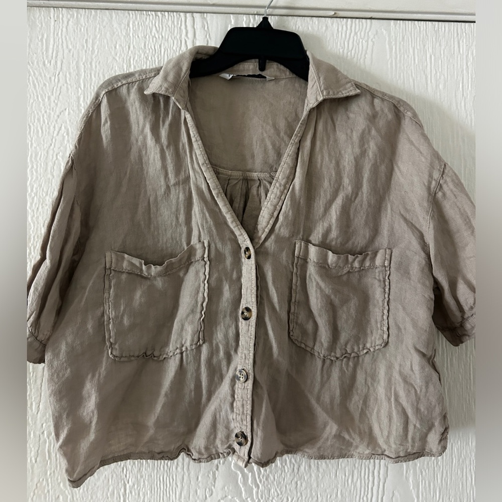Zara Cropped Linen Button Down